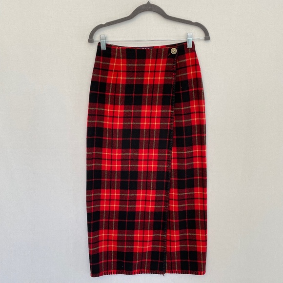GAP Women’s Size 4 Red Plaid Recycled Wool Blend Wrap Midi Pencil Skirt - Picture 1 of 7